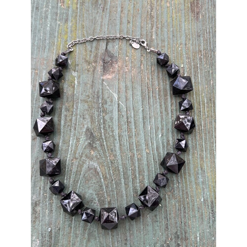 Robert Rose Black Bead Necklace Faceted Lucite Plastic Knotted Adjustable 21.5"